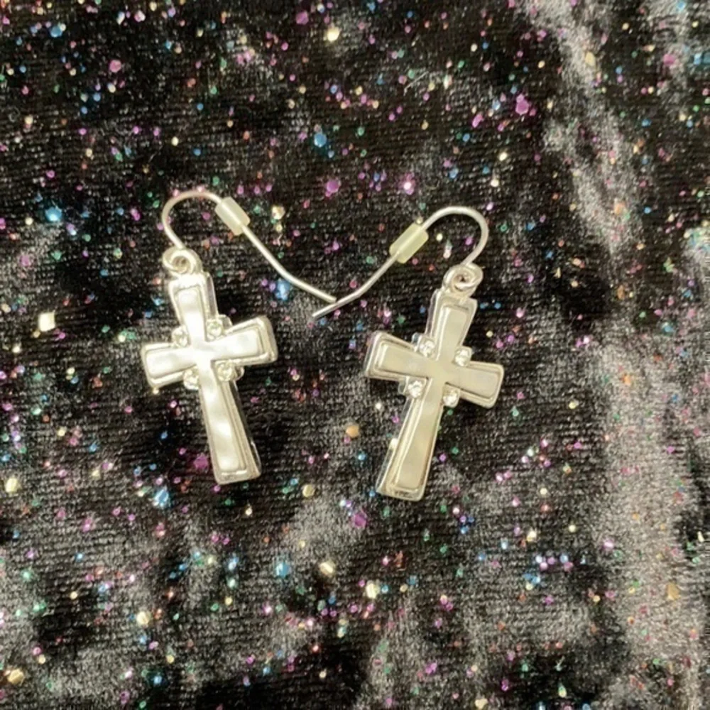 Silver Cross Earrings with Crystals